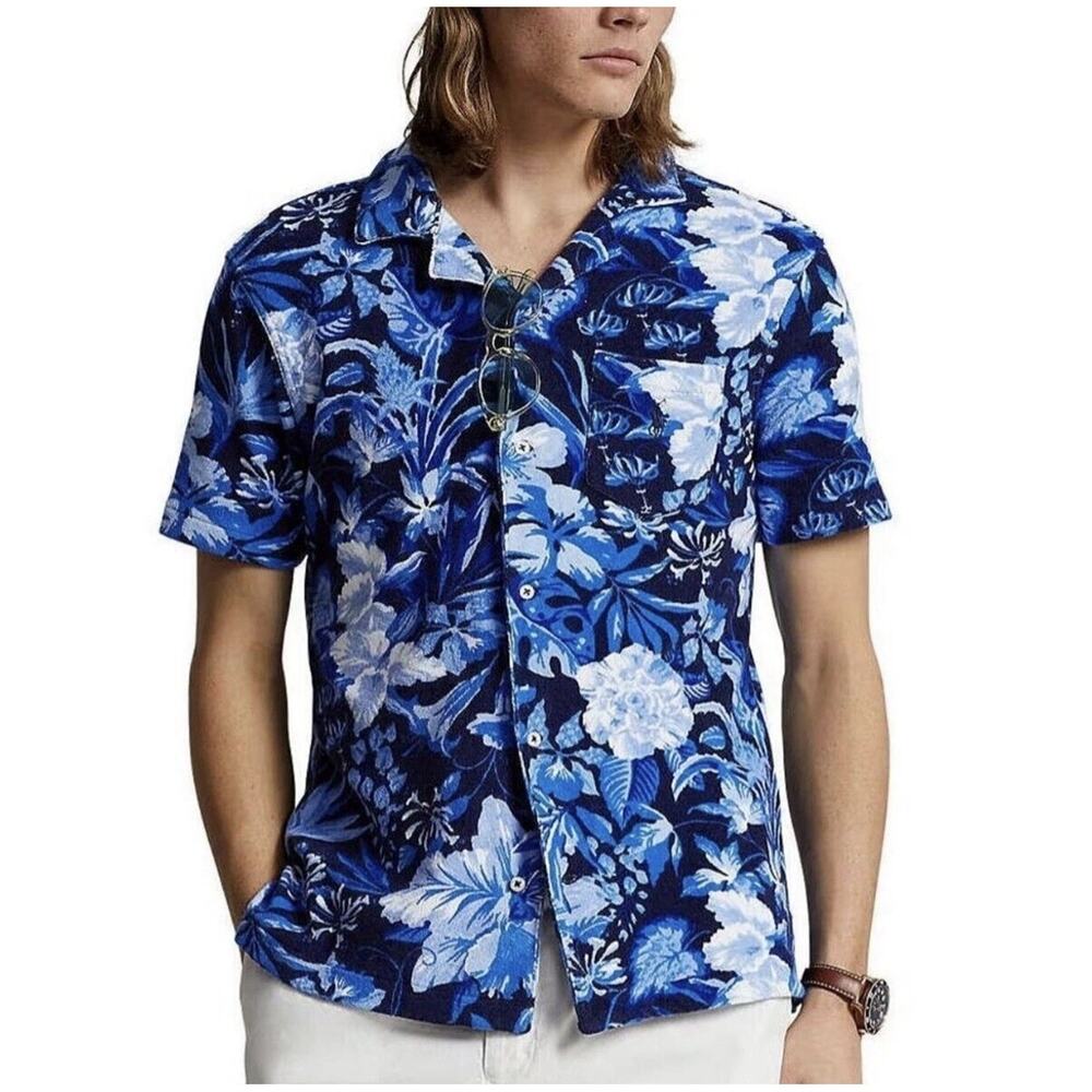 POLO Ralph Lauren Terry Hawaiian Floral Camp Shirt Short Sleeve Men's XL Blue